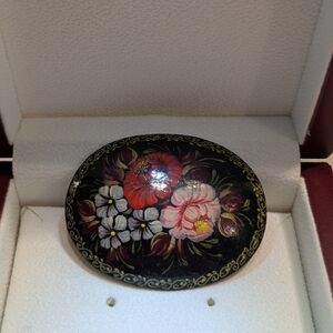 Russian Black Lacquer Floral Hand-Painted Brooch